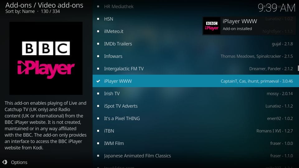 notifica di installazione del componente aggiuntivo bbc iplayer